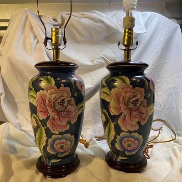 Pair Of Vintage Blue and Pink Famille Rose Porcela